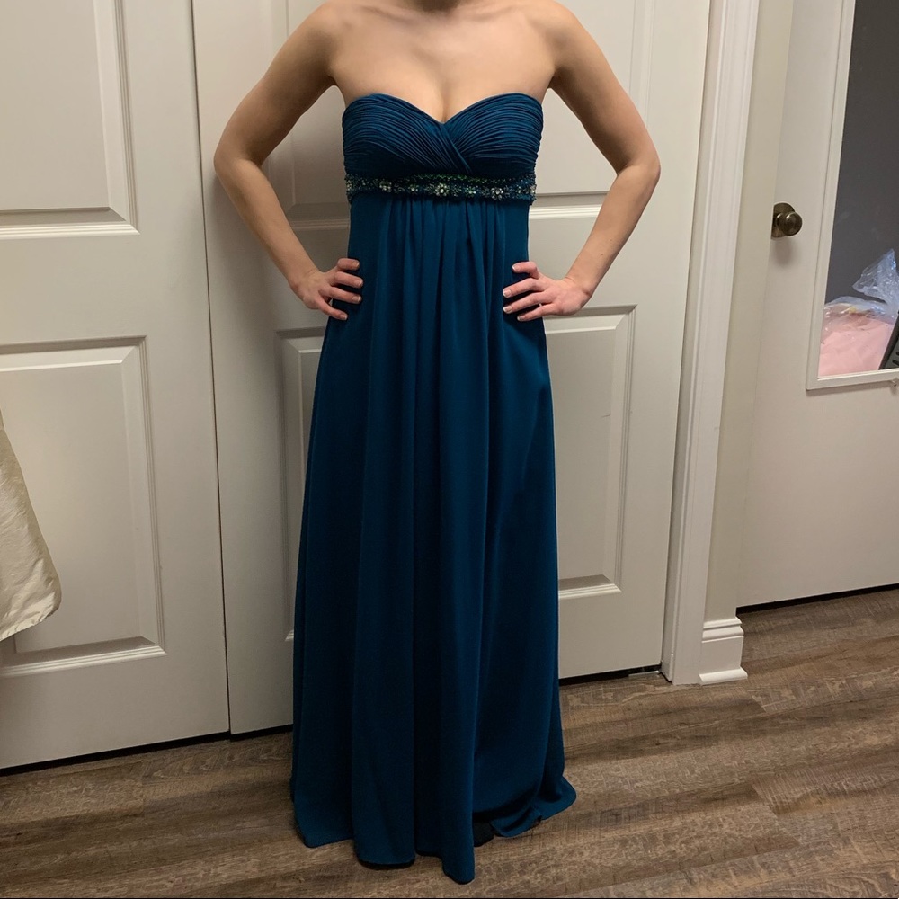 Turquoise/blue beaded Dave & Johnny strapless gown